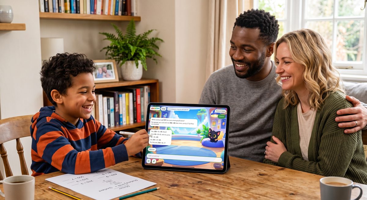 A boy at a kitchen table laughing at Gnappo on a tablet, his two parents sitting beside him and watching the same screen.
